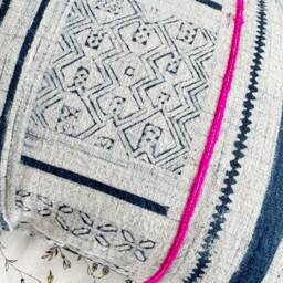 "Vintage Hmong Pillow Cover Hand Block Print Hemp Cushion - 12"" X 20" - thumbnail 4