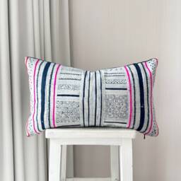 "Vintage Hmong Pillow Cover Hand Block Print Hemp Cushion - 12"" X 20" - thumbnail 1