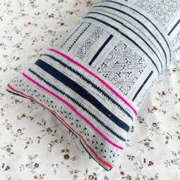 "Vintage Hmong Pillow Cover Hand Block Print Hemp Cushion - 12"" X 20" - thumbnail 3