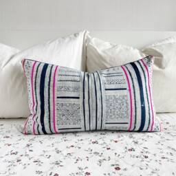 "Vintage Hmong Pillow Cover Hand Block Print Hemp Cushion - 12"" X 20" - thumbnail 2