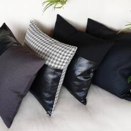 Black Faux Leather Pillow Cover Poly-Linen Back - thumbnail 4