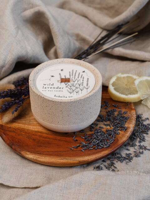 Wild Lavender Candle, Botanical Soy Wax Wood Wick, Concrete Stoneware Eco Friendly Candle Gift, Mum Gift - image 1