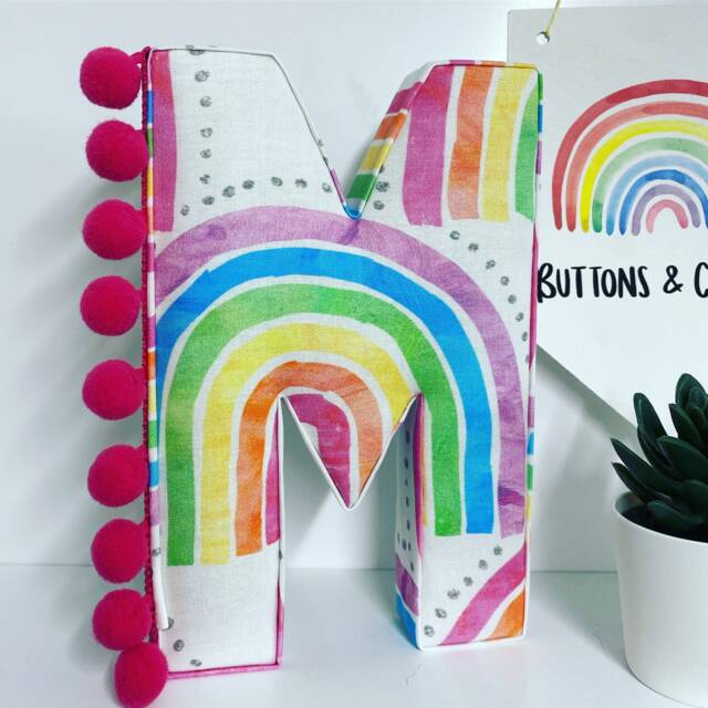 Rainbow Fabric Letter Handmade Nursery Decor With Pom Trim - image 1