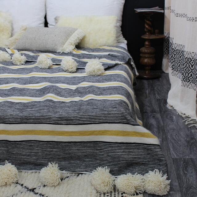 Moroccan Pom Blanket, Bohemian Wool Handmade Berber Bed Spread, Bedcover, Handwoven Bedding - image 1