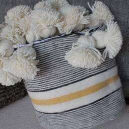 Moroccan Pom Blanket, Bohemian Wool Handmade Berber Bed Spread, Bedcover, Handwoven Bedding - thumbnail 4