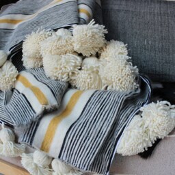 Moroccan Pom Blanket, Bohemian Wool Handmade Berber Bed Spread, Bedcover, Handwoven Bedding - thumbnail 2