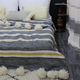 Moroccan Pom Blanket, Bohemian Wool Handmade Berber Bed Spread, Bedcover, Handwoven Bedding