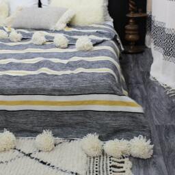 Moroccan Pom Blanket, Bohemian Wool Handmade Berber Bed Spread, Bedcover, Handwoven Bedding - thumbnail 3
