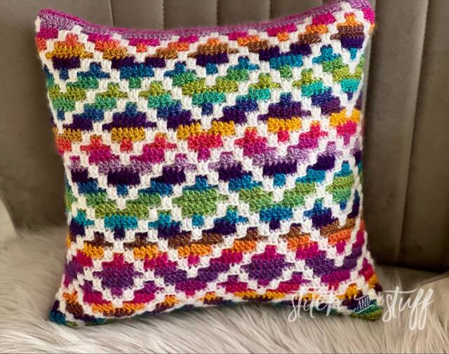 Handmade Overlay Mosaic Crochet Six Times Feather Filled Rainbow Cushion - image 1