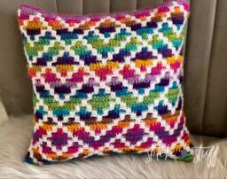 Handmade Overlay Mosaic Crochet Six Times Feather Filled Rainbow Cushion - thumbnail 1