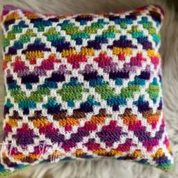 Handmade Overlay Mosaic Crochet Six Times Feather Filled Rainbow Cushion - thumbnail 2
