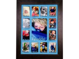 Newborn Baby 1st Year Personalised Photo Frame 1-12 Months - Dark Wood & Blue Insert