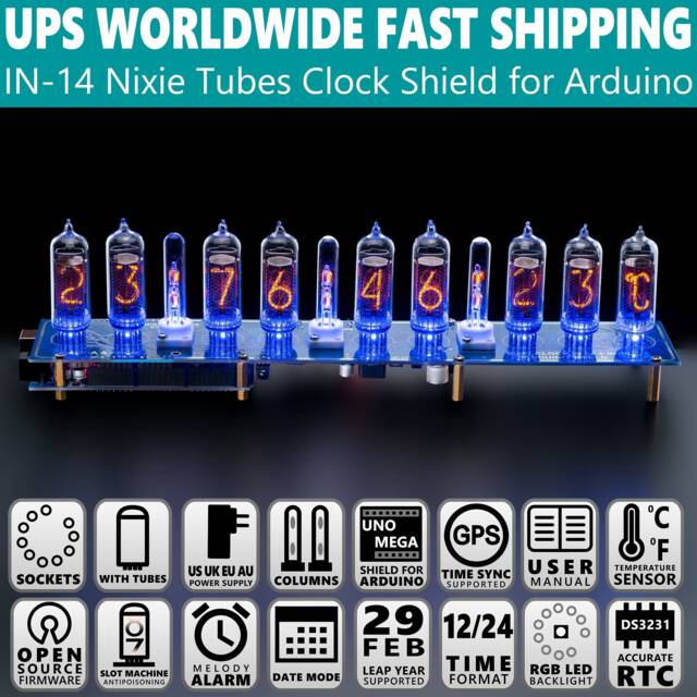 Nixie Tube Clock In-14+In-19A Arduino Shield 9 Tubes Gps Temp. Sensor Remote With Sockets Boyfriend, Husband, Vintage, Gift, Steampunk - image 1