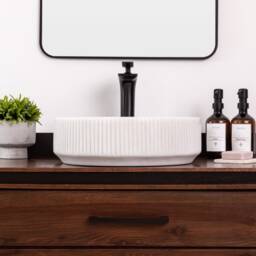 Natural Stone Vessel Bathroom Sink, Burj Blanc Marble, Fluted Vanity Basin - thumbnail 2