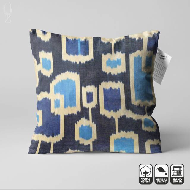 Handwoven %100 Cotton Ikat Blue Pillow Cover - Double Sided 20x20 - image 1