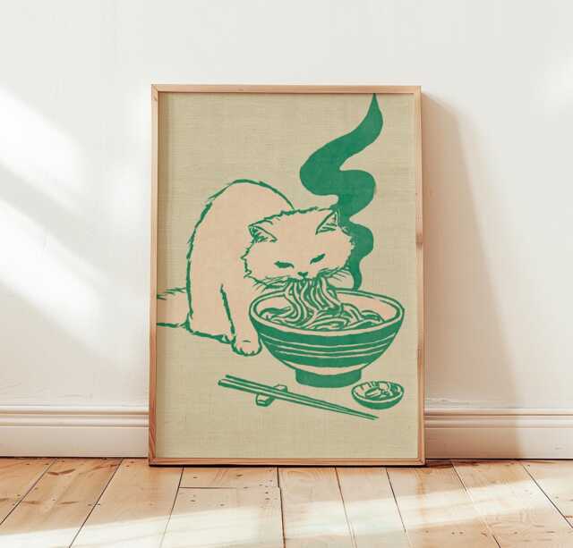 Ramen Cat Poster, Japanese Food Print, Minimal Kitchen Wall Art - image 1