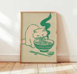 Ramen Cat Poster, Japanese Food Print, Minimal Kitchen Wall Art - thumbnail 1