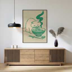 Ramen Cat Poster, Japanese Food Print, Minimal Kitchen Wall Art - thumbnail 2