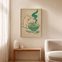 Ramen Cat Poster, Japanese Food Print, Minimal Kitchen Wall Art - thumbnail 3