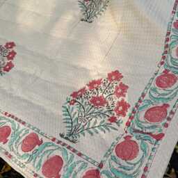 Quilted Pure Waffle Cotton Reversible Bed Throw Single Kids Size Summer Indian Quilt - Handmade Handprint Country Beige Red Pomegranate - thumbnail 2