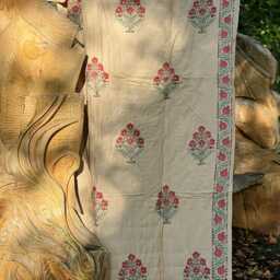 Quilted Pure Waffle Cotton Reversible Bed Throw Single Kids Size Summer Indian Quilt - Handmade Handprint Country Beige Red Pomegranate - thumbnail 4