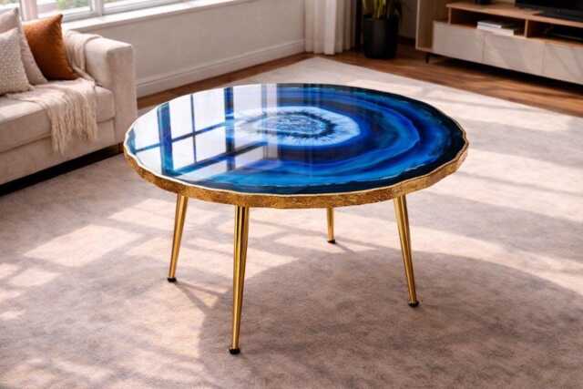 Geode-Look Crystal Coffee Tables, Handmade Epoxy Resin Turquoise Art Side Table , Modern Home Decor Gold Legs - image 1