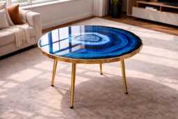 Geode-Look Crystal Coffee Tables, Handmade Epoxy Resin Turquoise Art Side Table , Modern Home Decor Gold Legs - thumbnail 1