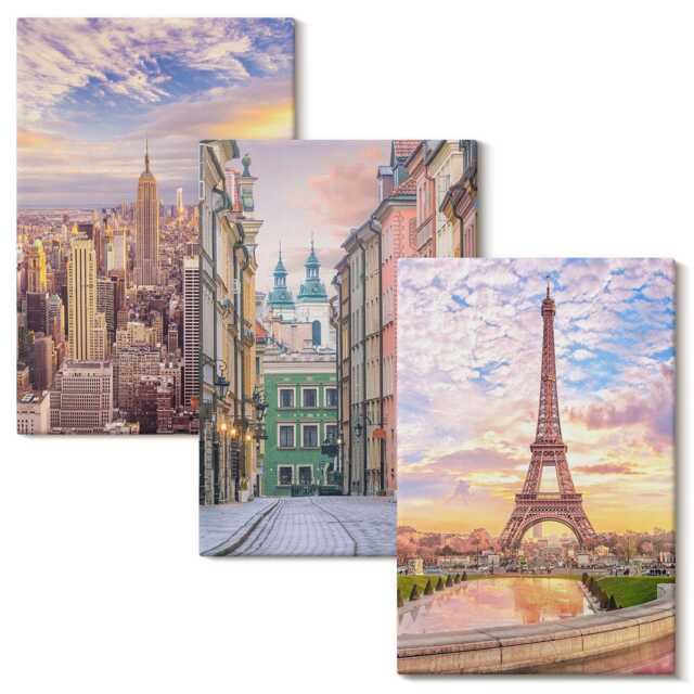 Canvas Wall Art Set Of 3 - View The Cities New York, Paris & Warsaw At Dusk, Pink Photo Print, Travels Hanging Piece - image 1