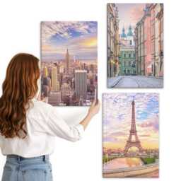 Canvas Wall Art Set Of 3 - View The Cities New York, Paris & Warsaw At Dusk, Pink Photo Print, Travels Hanging Piece - thumbnail 2