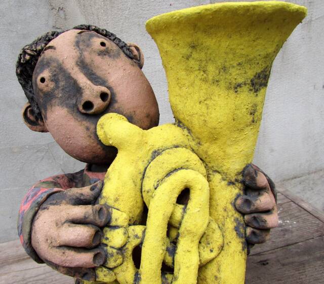 Ceramic Tubist Sculpture, Fireclay Tuba Player, One-Of-A-Kind - image 1