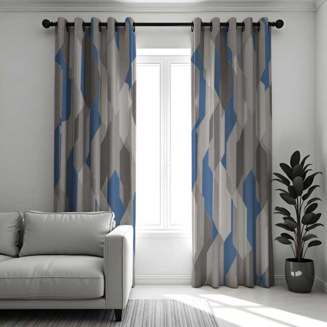 Grey & Blue Geometric Curtains, Modern Abstract Pattern Drapes, Contemporary Minimalist Window Panels - image 1