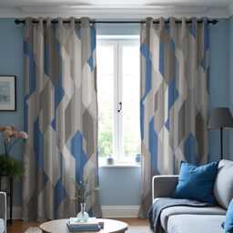 Grey & Blue Geometric Curtains, Modern Abstract Pattern Drapes, Contemporary Minimalist Window Panels - thumbnail 2