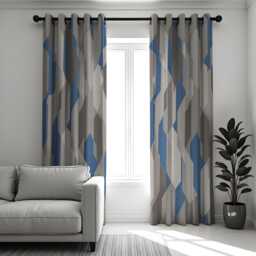 Grey & Blue Geometric Curtains, Modern Abstract Pattern Drapes, Contemporary Minimalist Window Panels