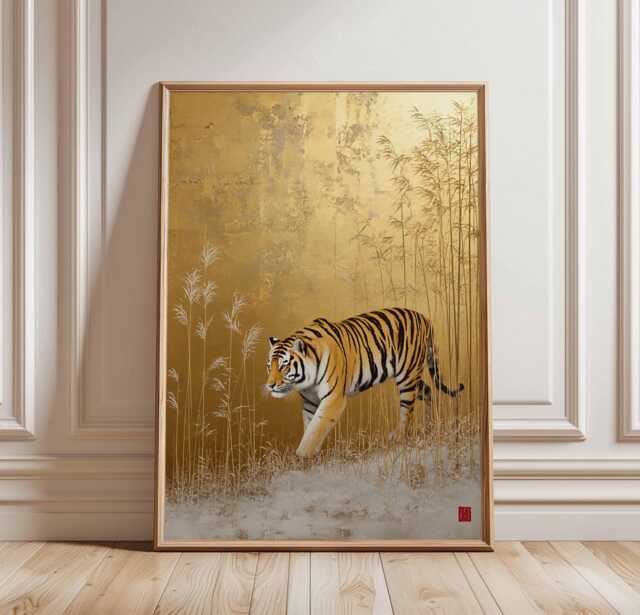 Japanese Tiger Wall Art, Gold Leaf Animal Poster, Majestic Walking Decor, Oriental Jungle Wildlife Artwork, Zen Safari Print - image 1