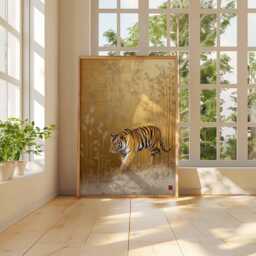 Japanese Tiger Wall Art, Gold Leaf Animal Poster, Majestic Walking Decor, Oriental Jungle Wildlife Artwork, Zen Safari Print - thumbnail 3
