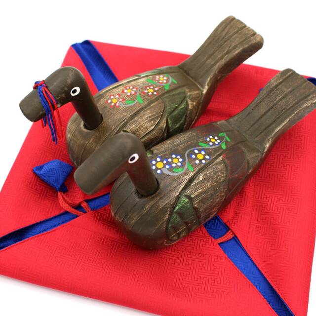 Hand-Carved, Woodcraft, Wedding Duck, Silk Giftwrap, Collectible, Asian Home Decor, Korean Artisan, Thanksgiving, Wedding, Anniversary Gift - image 1