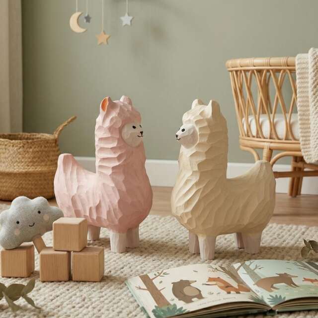 Whimsical Wooden Alpaca Couple Hand Carved Llama Figurines Pastel Nursery Decor Unique Animal Lover Gift Desk Pet Wood Anniversary Present - image 1