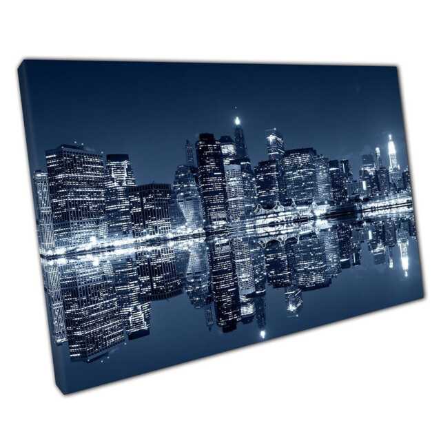 Brooklyn View Of Manhattan Night Canvas Wall Art - Water Reflections For Home Office Decor - image 1