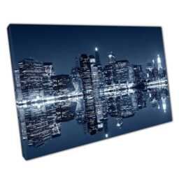 Brooklyn View Of Manhattan Night Canvas Wall Art - Water Reflections For Home Office Decor - thumbnail 1