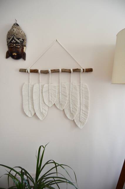 Macrame Feather Wall Hanging, Tapestry Decoration, Woven Leaf Suspension, Bohemian Fiber Art - image 1