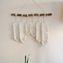 Macrame Feather Wall Hanging, Tapestry Decoration, Woven Leaf Suspension, Bohemian Fiber Art - thumbnail 2
