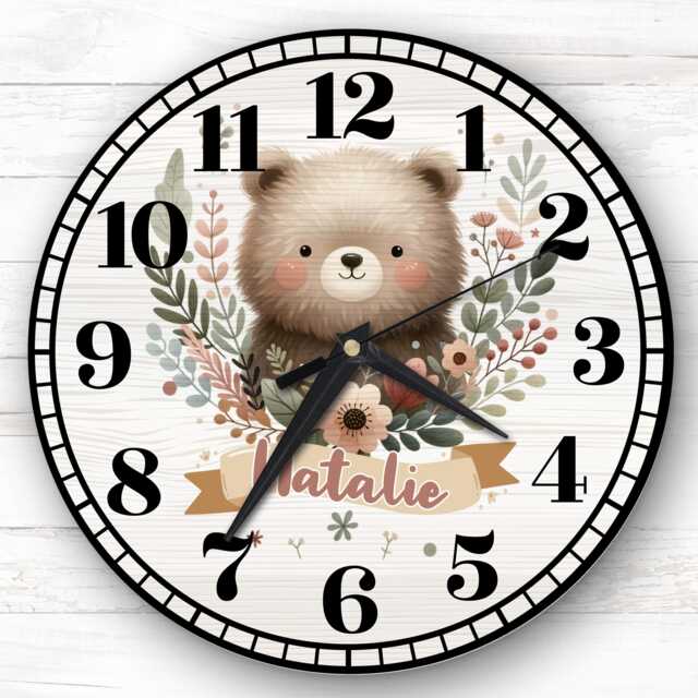 Floral Woodland Animal Bear Personalised Gift For Kid's Bedroom Clock - Kids Clock, Children's , Custom Wall - image 1