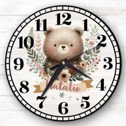 Floral Woodland Animal Bear Personalised Gift For Kid's Bedroom Clock - Kids Clock, Children's , Custom Wall - thumbnail 1