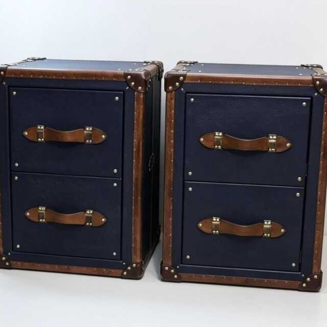 Navy Blue Leather Nightstands, Bridle Trim, Brass Hardware - Luxury Bedroom Decor English Handmade - image 1
