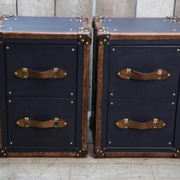Handmade Leather Nightstands Pebble Blue & Tan Bridle Leather, English Style - thumbnail 3