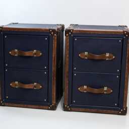 Navy Blue Leather Nightstands, Bridle Trim, Brass Hardware - Luxury Bedroom Decor English Handmade - thumbnail 1