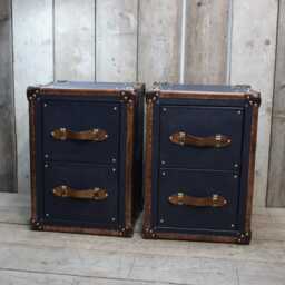 Navy Blue Leather Nightstands, Bridle Trim, Brass Hardware - Luxury Bedroom Decor English Handmade - thumbnail 3