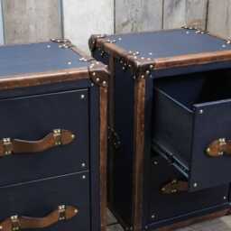 Navy Blue Leather Nightstands, Bridle Trim, Brass Hardware - Luxury Bedroom Decor English Handmade - thumbnail 2