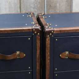 Navy Blue Leather Nightstands, Bridle Trim, Brass Hardware - Luxury Bedroom Decor English Handmade - thumbnail 4
