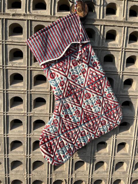 Handmade Quilted Christmas Stocking Red & Blue Floral Block Print - image 1